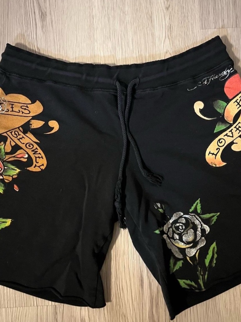 Ed Hardy Black Womens Bermuda Shorts with Floral Tattoo Print